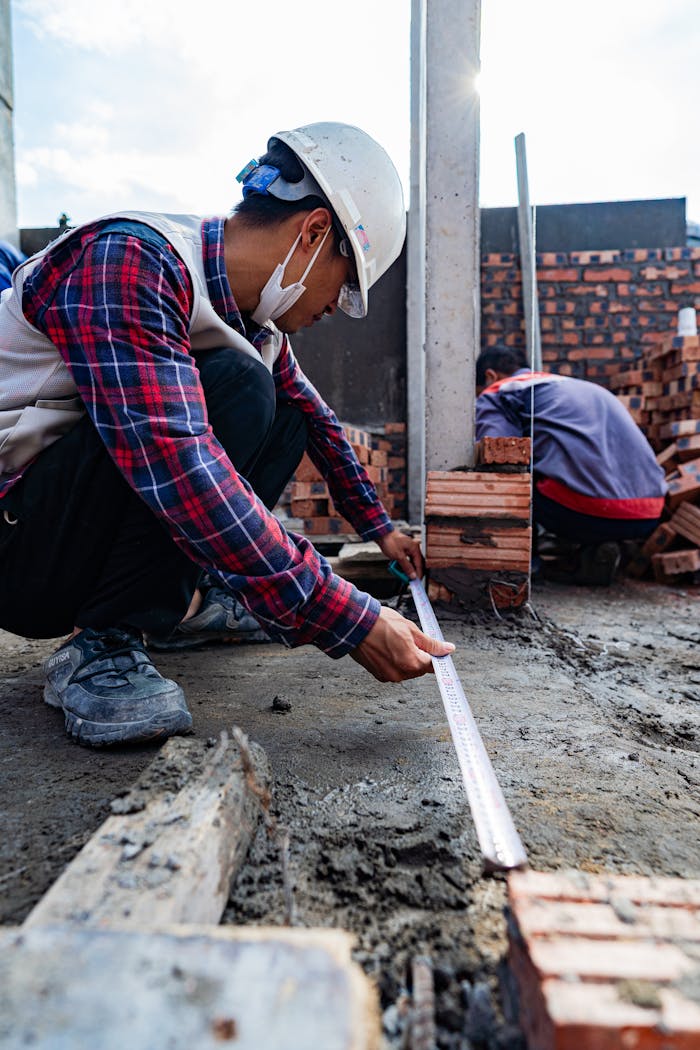 digital Two construction workers measuring bricks on a construction site in Hải Phòng, Vietnam.