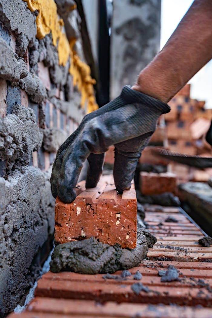 creative A bricklayer's gloved hand places a brick on a construction site in Vietnam.